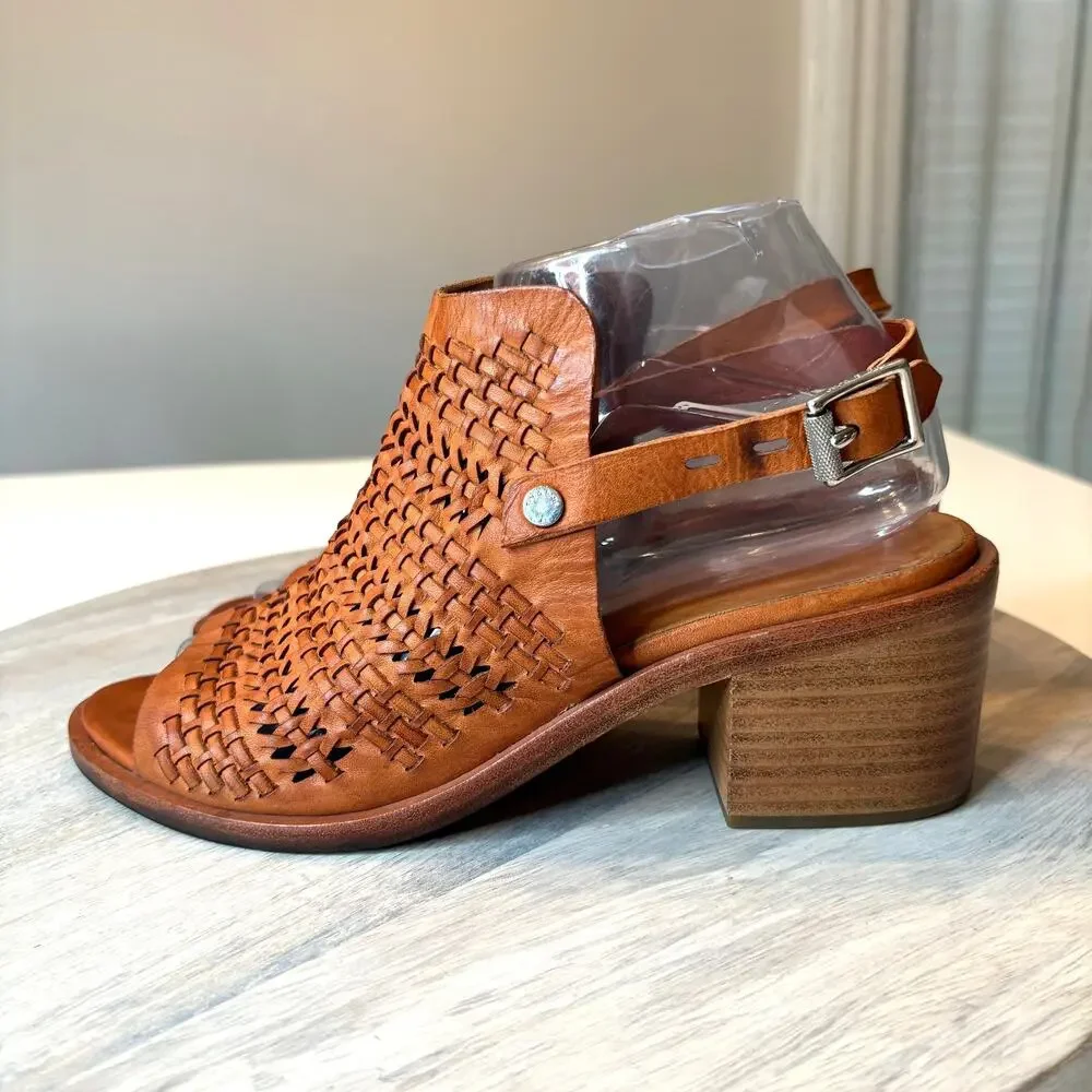 Rag & Bone Wyatt Willow Woven Leather Peep Toe Slingback Heels Brown Size 8 Boho - Picture 2 of 15